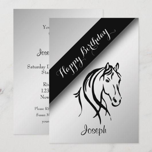 Silver Equine Birthday Party Invitation Kaart (Voorkant / Achterkant)