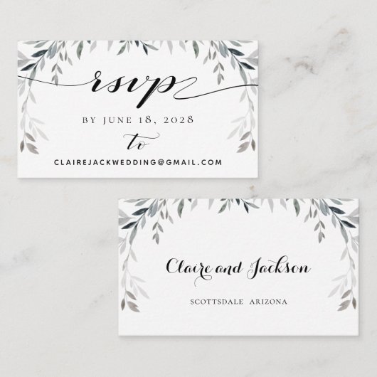 Silver Eucalyptu Greenery Wedding RSVP Online Kaar Visitekaartje (Voorkant / Achterkant)