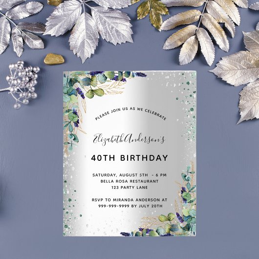 Silver eucalyptus buget verjaardagsuitnodiging flyer