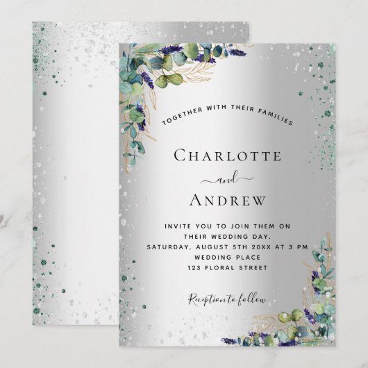 Silver eucalyptus glanzend huwelijk kaart (Voorkant / Achterkant)