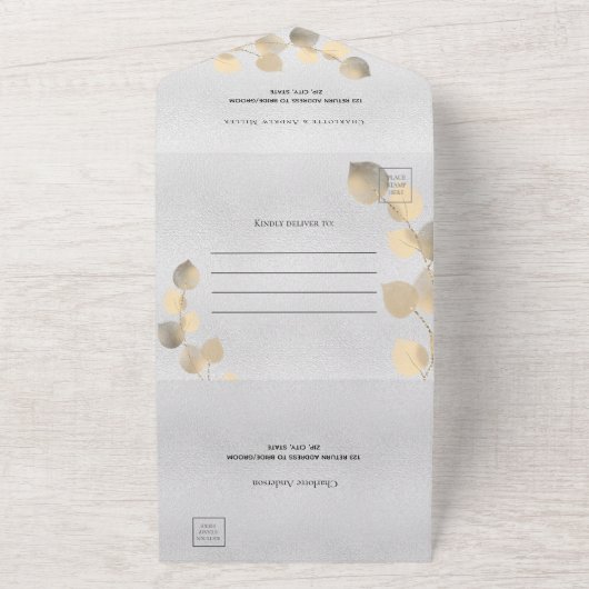 Silver Eucalyptus golden botanical bruiloft All In One Uitnodiging (Buitenkant)