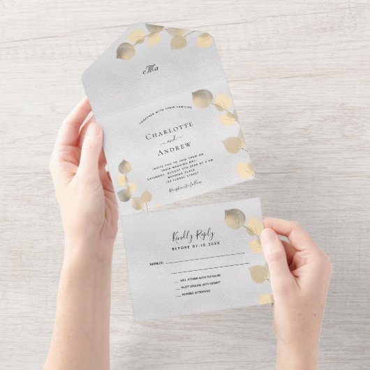 Silver Eucalyptus golden botanical bruiloft All In One Uitnodiging (Afscheurbaar)