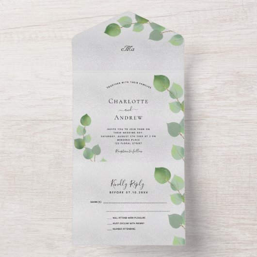 Silver eucalyptus greenery bruiloft all in one uitnodiging (Binnen)