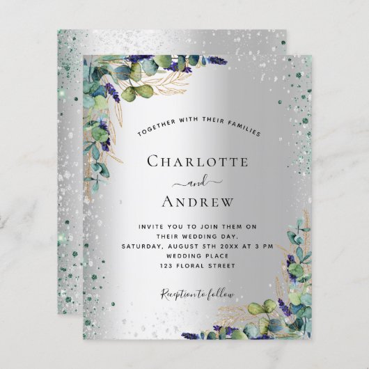 Silver eucalyptus greenery bruiloft-uitnodiging (Voorkant / Achterkant)