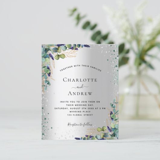 Silver eucalyptus greenery bruiloft-uitnodiging (Staand voorkant)