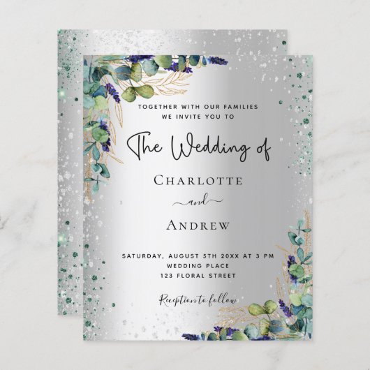 Silver eucalyptus greenery bruiloft-uitnodiging (Voorkant / Achterkant)