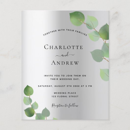 Silver eucalyptus greenery modern budget bruiloft flyer (Voorkant)