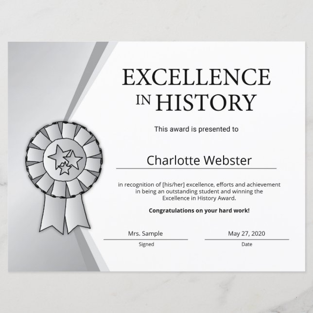 Silver Excellence in History Certificate Award (Voorkant)