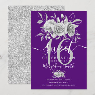 Silver Fab Floral Glitter 16th Birthday Paars Kaart