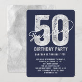 Silver Fabulous 50th Birthday Party Invite Kaart (Voorkant / Achterkant)