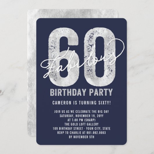 Silver Fabulous 60th Birthday Party Invite Kaart (Voorkant / Achterkant)
