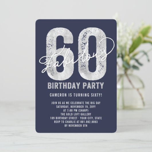 Silver Fabulous 60th Birthday Party Invite Kaart (Staand voorkant)