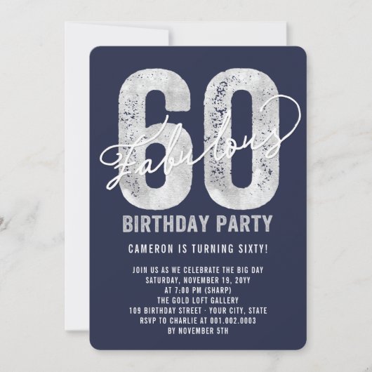 Silver Fabulous 60th Birthday Party Invite Kaart (Voorkant)