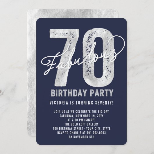 Silver Fabulous 70th Birthday Party Invite Kaart (Voorkant / Achterkant)