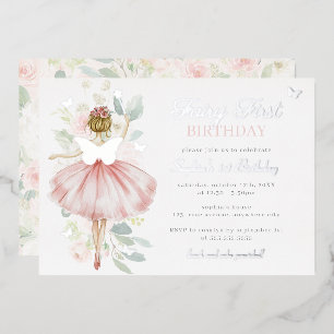 Silver Fairy Eerste 1e Verjaardag Vlinder Folie Uitnodiging