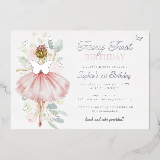 Silver Fairy Eerste 1e Verjaardag Vlinder Folie Uitnodiging (Voorkant)