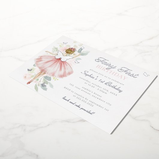 Silver Fairy Eerste 1e Verjaardag Vlinder Folie Uitnodiging (Gedraaid)