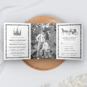 Silver Fairytale Castle Princess Carriage Weduwsch Drieluik Uitnodiging