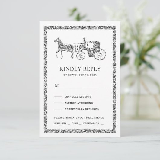 Silver Fairytale Princess Carriage Weduwschap RSVP Kaartje (Staand voorkant)