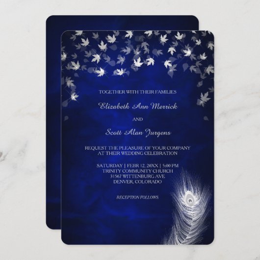 Silver Falling Leaf and Feather Wedding Kaart (Voorkant / Achterkant)