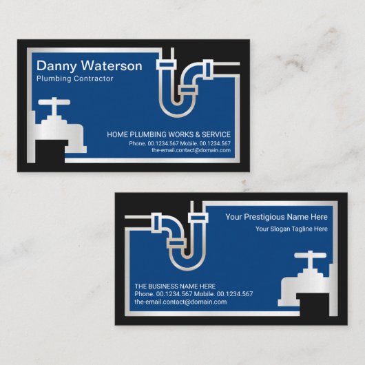 Silver Faucet Pipe Blue Flood Waters Plumber Visitekaartje (Voorkant / Achterkant)