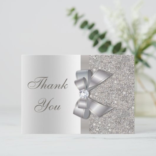 Silver Faux Bow & Diamonds Hartelijk dank Bedankkaart (Staand voorkant)