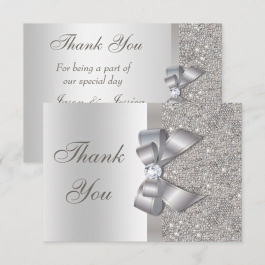 Silver Faux Bow & Diamonds Hartelijk dank Bedankkaart (Voorkant / Achterkant)