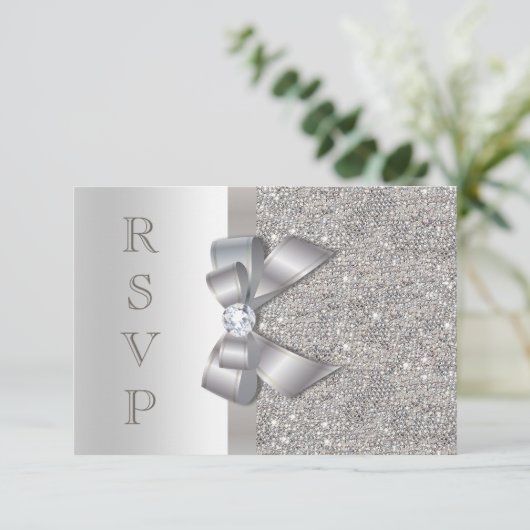 Silver Faux Bow & Diamonds RSVP (Staand voorkant)