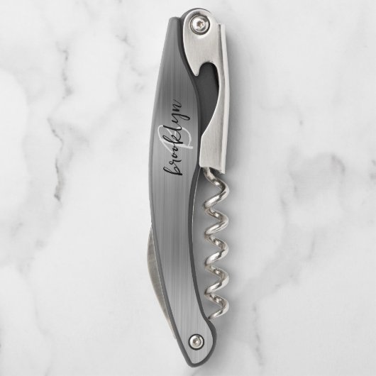 Silver Faux Brushed Metal Monogram Script Kurkentrekker (Achterkant)