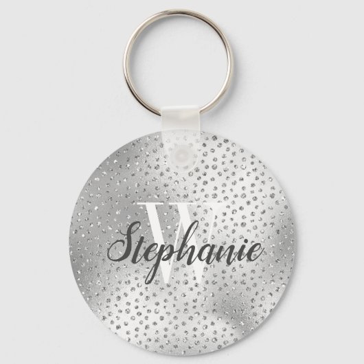 Silver Faux Diamond Confetti Pattern Monogram Sleutelhanger (Voorkant)