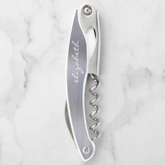 Silver Faux, geborsteld metaal, aangepast script Kurkentrekker (Achterkant)