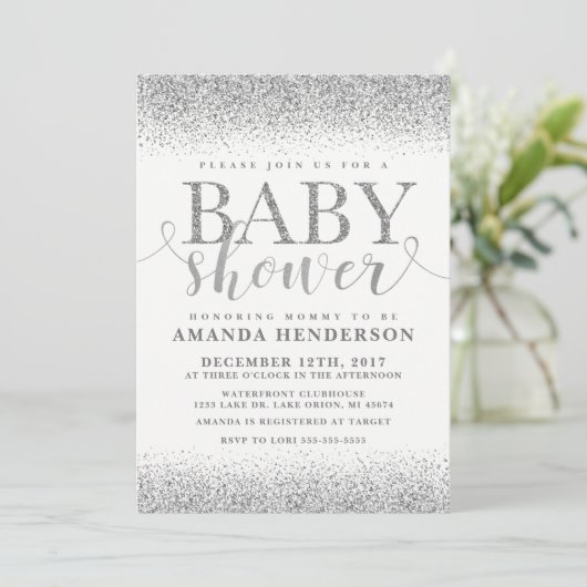Silver Faux Glitter Baby shower Invitation Kaart (Staand voorkant)