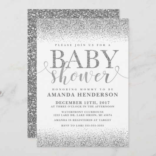 Silver Faux Glitter Baby shower Invitation Kaart (Voorkant / Achterkant)