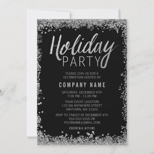 Silver Faux Glitter Black Holiday Party Kaart (Voorkant)