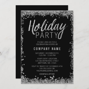 Silver Faux Glitter Black Holiday Party Kaart