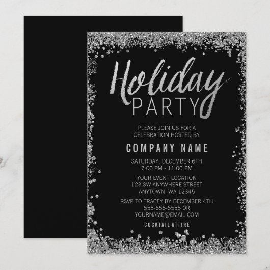 Silver Faux Glitter Black Holiday Party Kaart (Voorkant / Achterkant)
