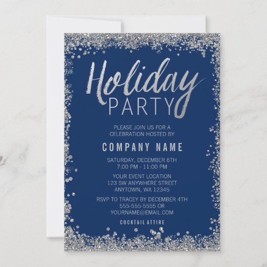 Silver Faux Glitter Blue Holiday Party Kaart (Voorkant)
