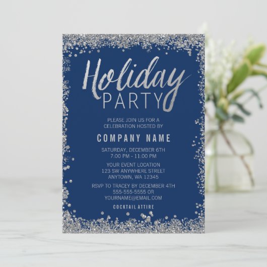 Silver Faux Glitter Blue Holiday Party Kaart (Staand voorkant)