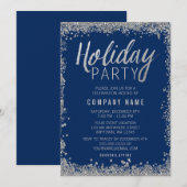 Silver Faux Glitter Blue Holiday Party Kaart (Voorkant / Achterkant)