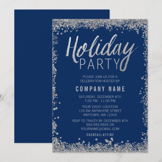 Silver Faux Glitter Blue Holiday Party Kaart (Voorkant / Achterkant)