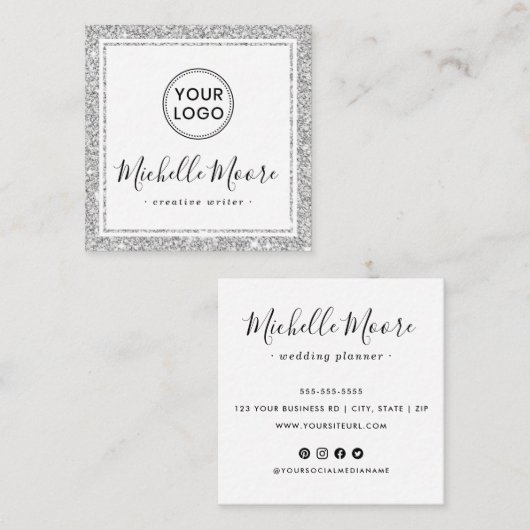 Silver faux glitter border custom logo elegant vierkante visitekaartje (Voorkant / Achterkant)