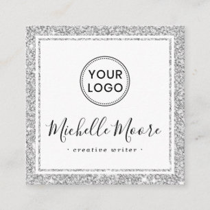 Silver faux glitter border custom logo elegant vierkante visitekaartje