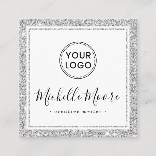 Silver faux glitter border custom logo elegant vierkante visitekaartje (Voorkant)