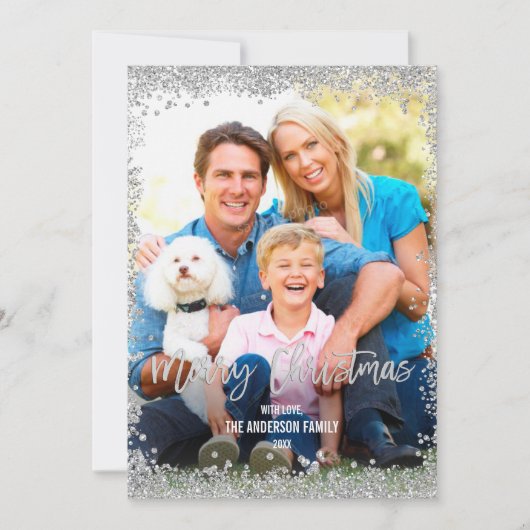 Silver Faux Glitter Border Kerstvakantie Foto Feestdagenkaart (Voorkant)