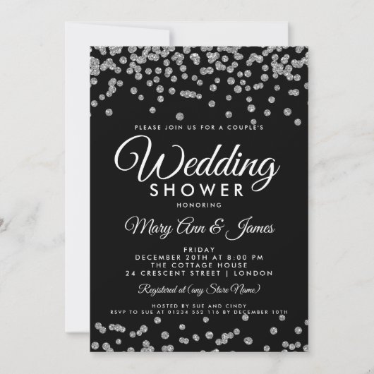 Silver Faux Glitter Confetti Black Couple's Shower Kaart (Voorkant)