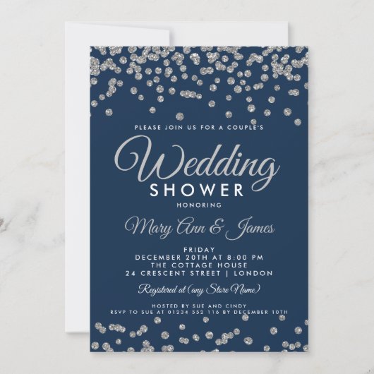 Silver Faux Glitter Confetti Navy Couple's Shower Kaart (Voorkant)
