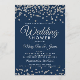 Silver Faux Glitter Confetti Navy Couple's Shower Kaart