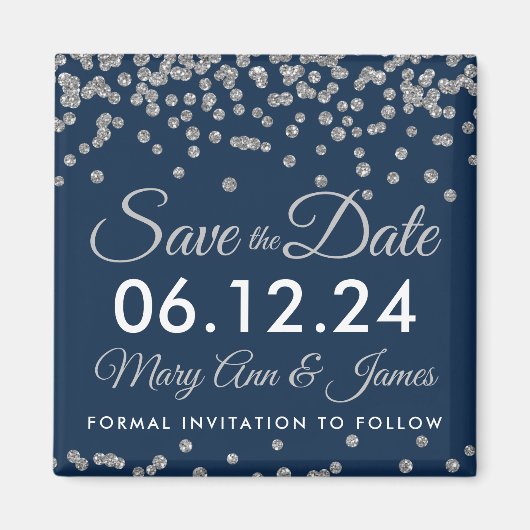 Silver Faux Glitter Confetti Navy Save The Date Magneet (Voorkant)