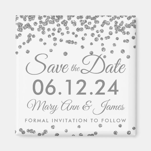 Silver Faux Glitter Confetti Sla de datum op Magneet (Voorkant)
