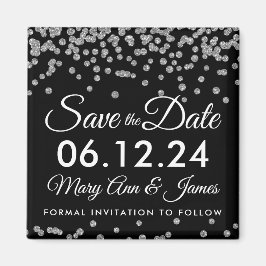 Silver Faux Glitter Confetti Zwart Save The Date Magneet